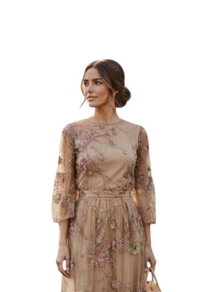 Embroidered Prairie Sleeve Sheer Midi Dress