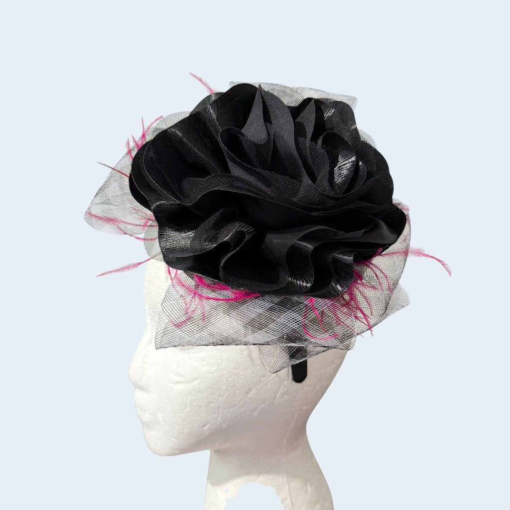 Mini Flower Fascinator with Feather and Net Accents