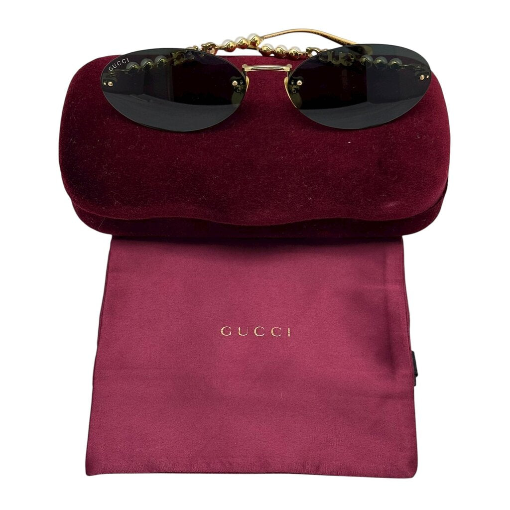 Gucci Faux Pearl & Logo Earpiece Oval Sunglasses