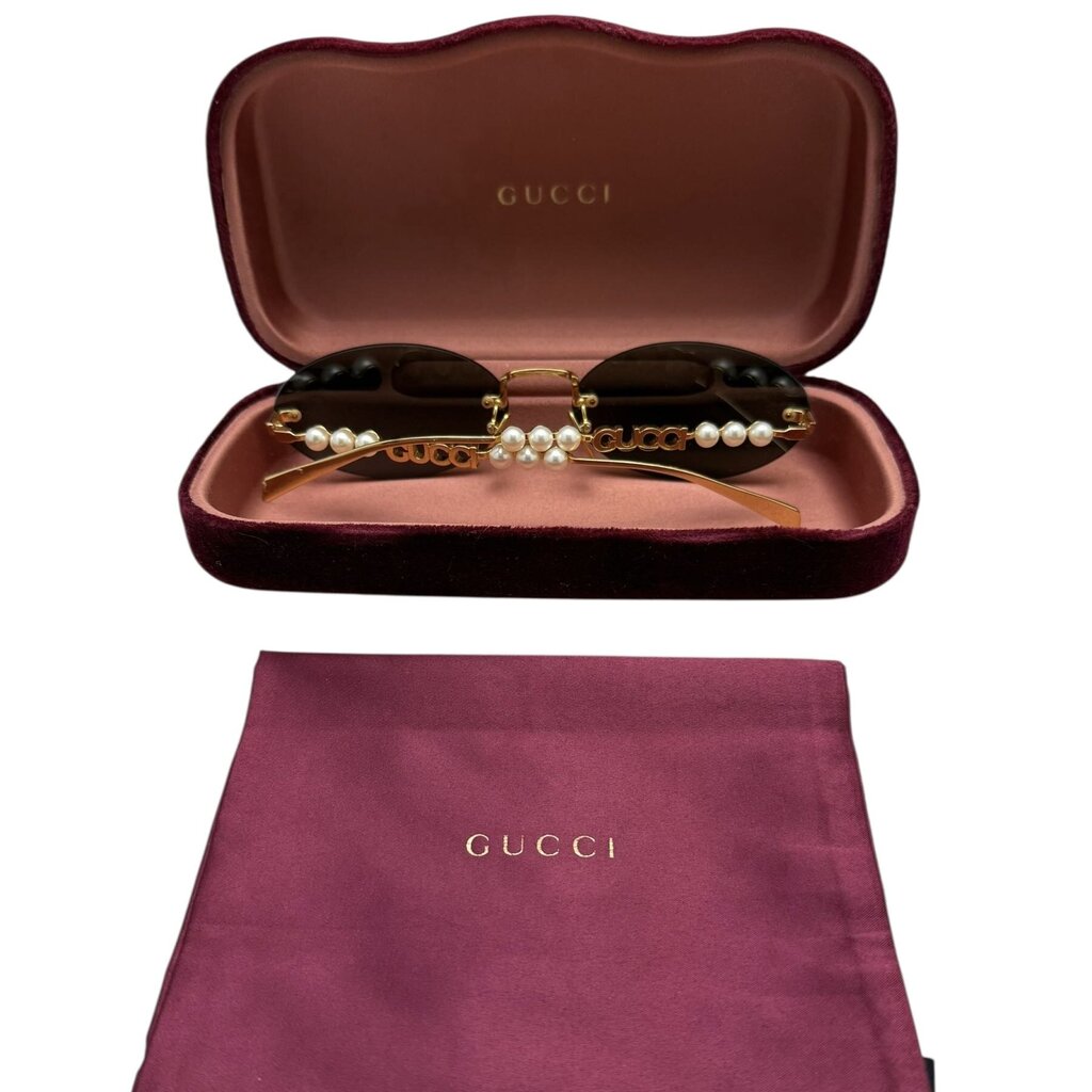 Gucci Faux Pearl & Logo Earpiece Oval Sunglasses