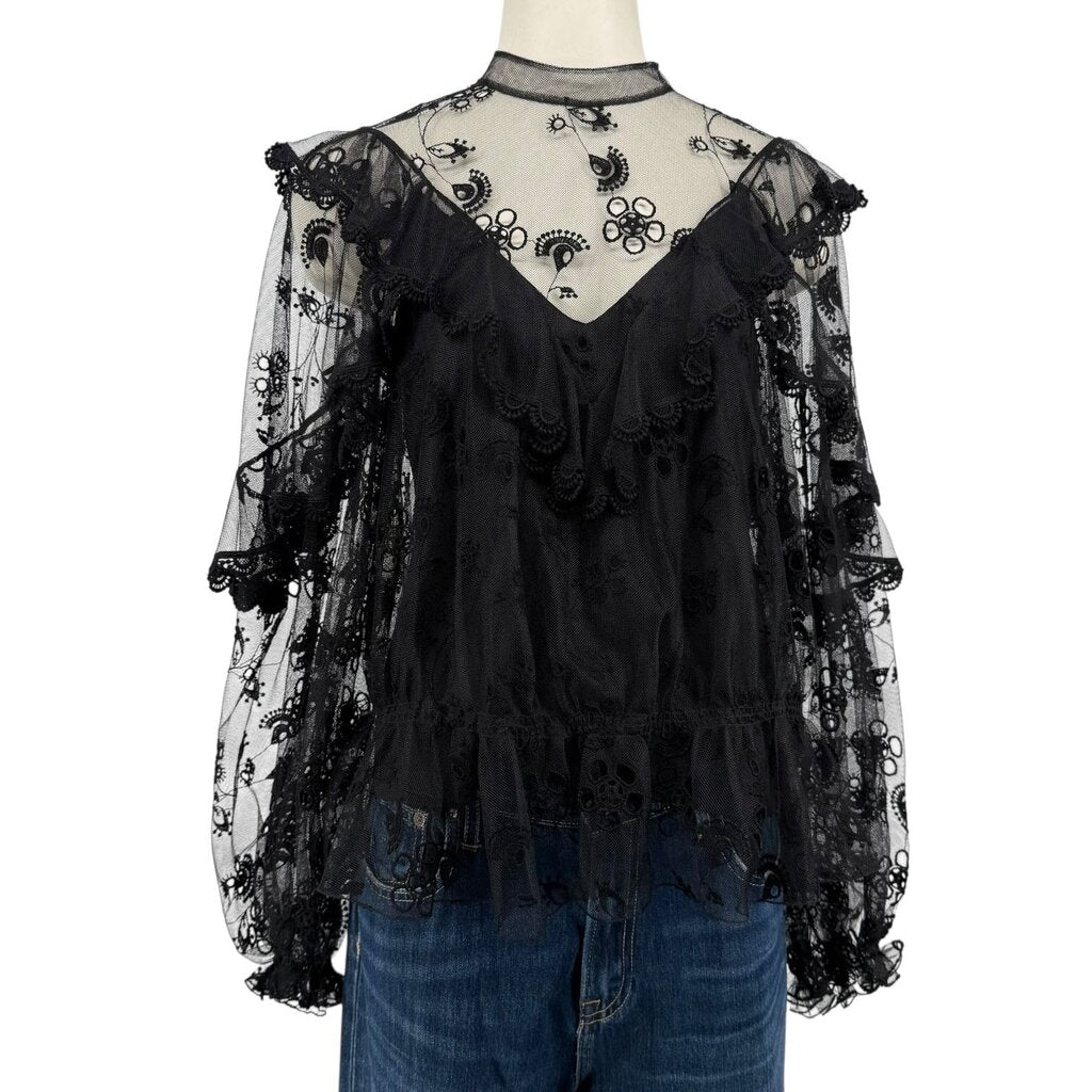 Embroidered Tulle Ruffle Mock Neck Top