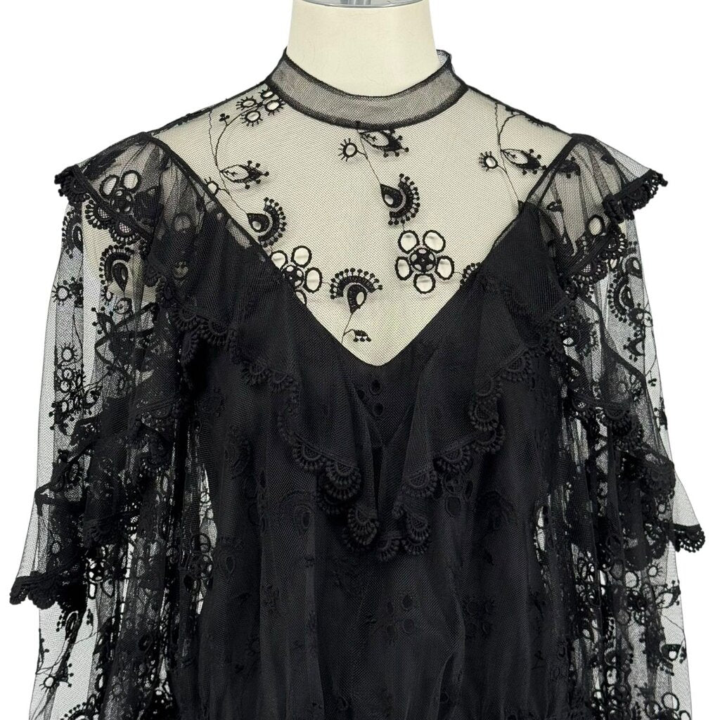 Embroidered Tulle Ruffle Mock Neck Top