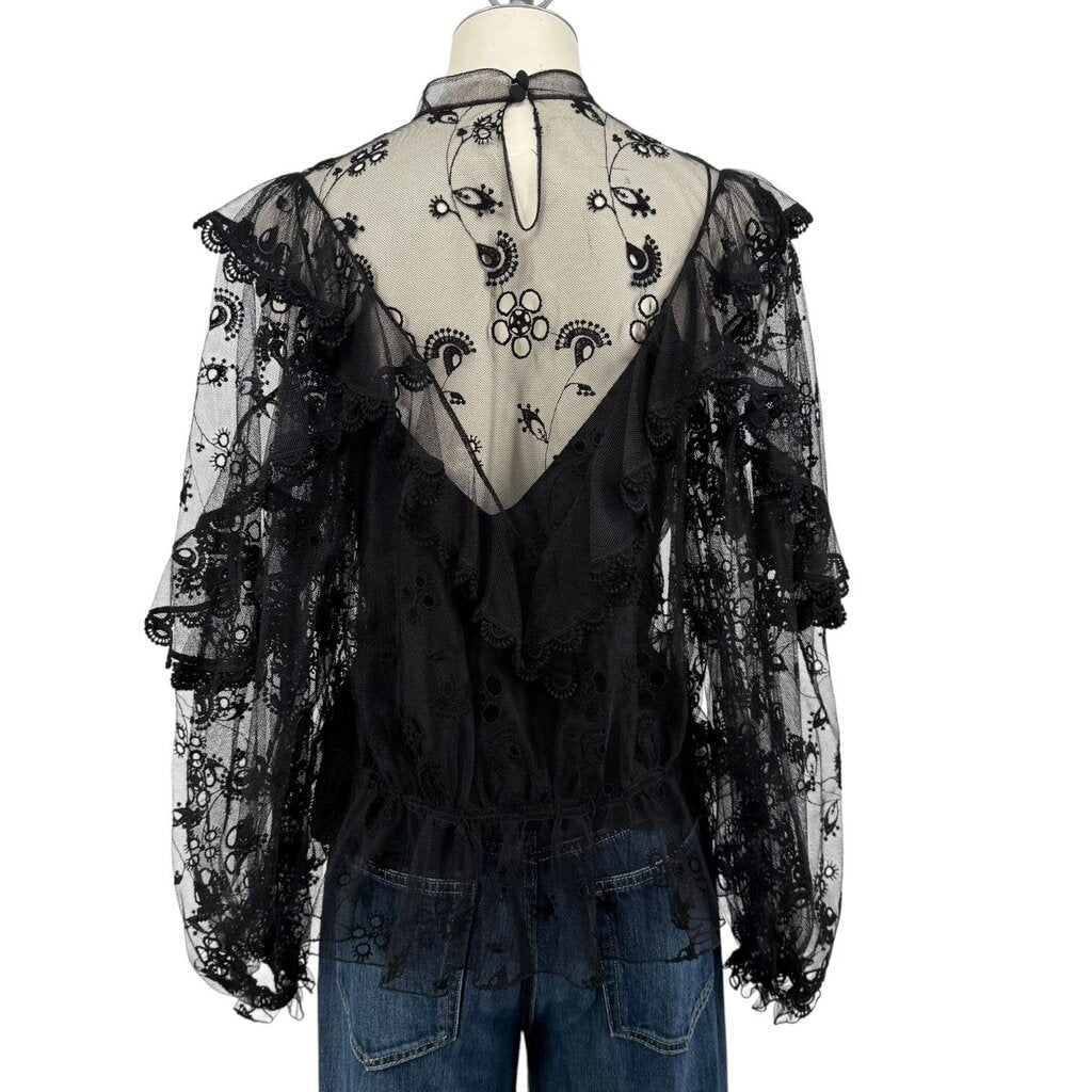 Embroidered Tulle Ruffle Mock Neck Top