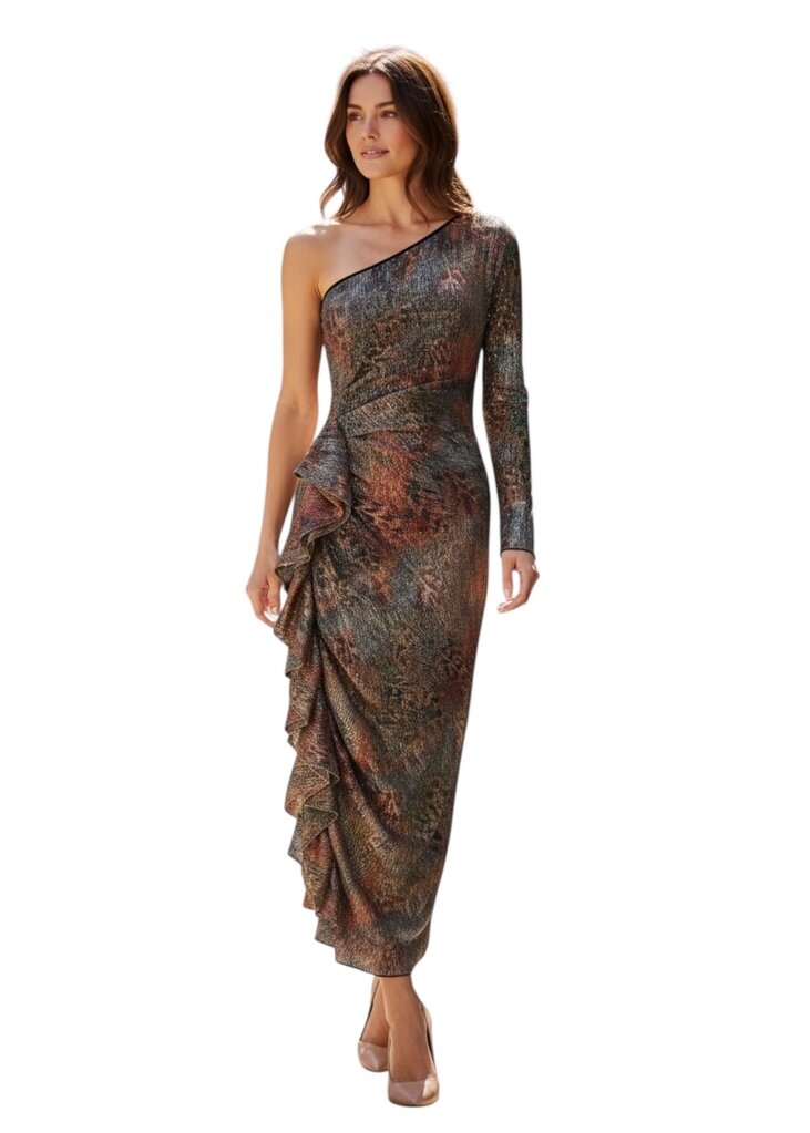 Chiara Boni La Petite Robe Delphi MS Sequin Print One Shoulder Midi Dress in Venerato with Ruffle