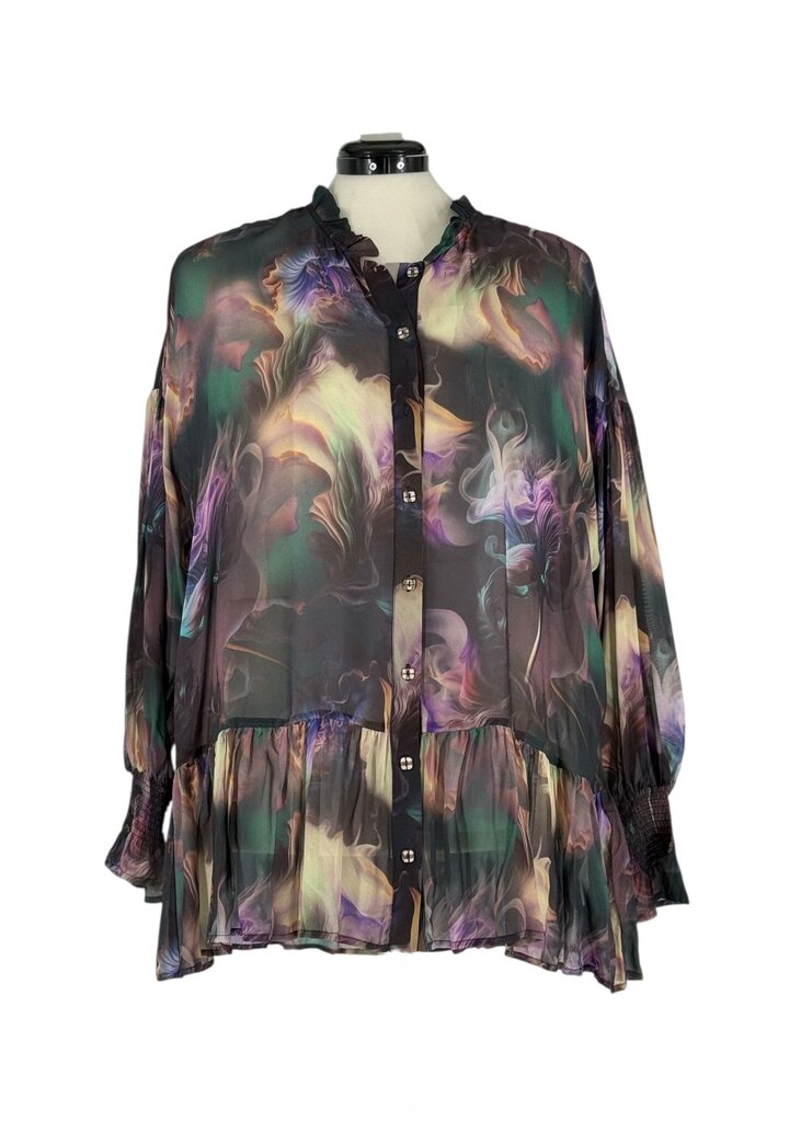 Abstract Ruffle Button Up Blouse