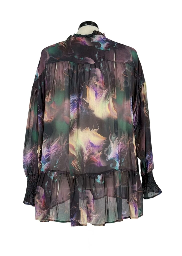 Abstract Ruffle Button Up Blouse
