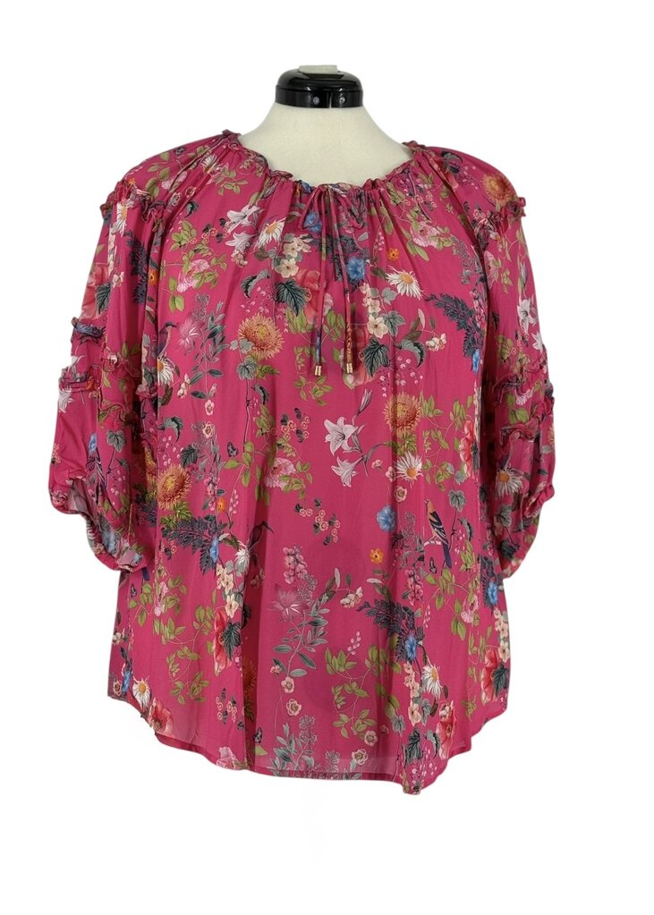 Loobies Story Florale Blouse Hot Pink Multi Color Ruffle Tie Neck