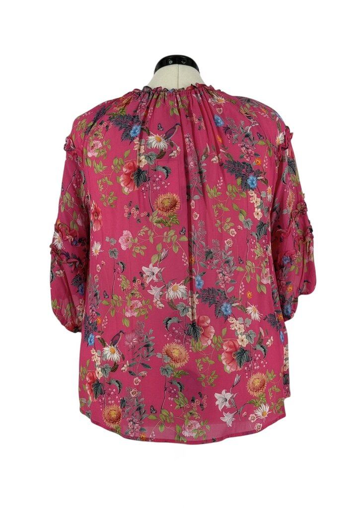 Loobies Story Florale Blouse Hot Pink Multi Color Ruffle Tie Neck
