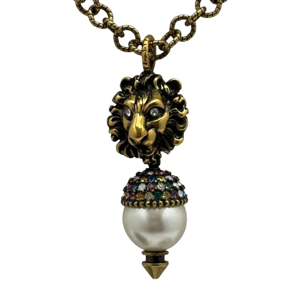 Gucci Faux Pearl & Crystal Lion Head Pendant Necklace