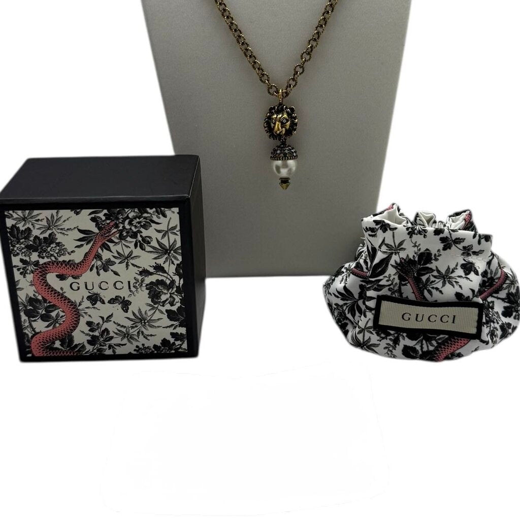 Gucci Faux Pearl & Crystal Lion Head Pendant Necklace