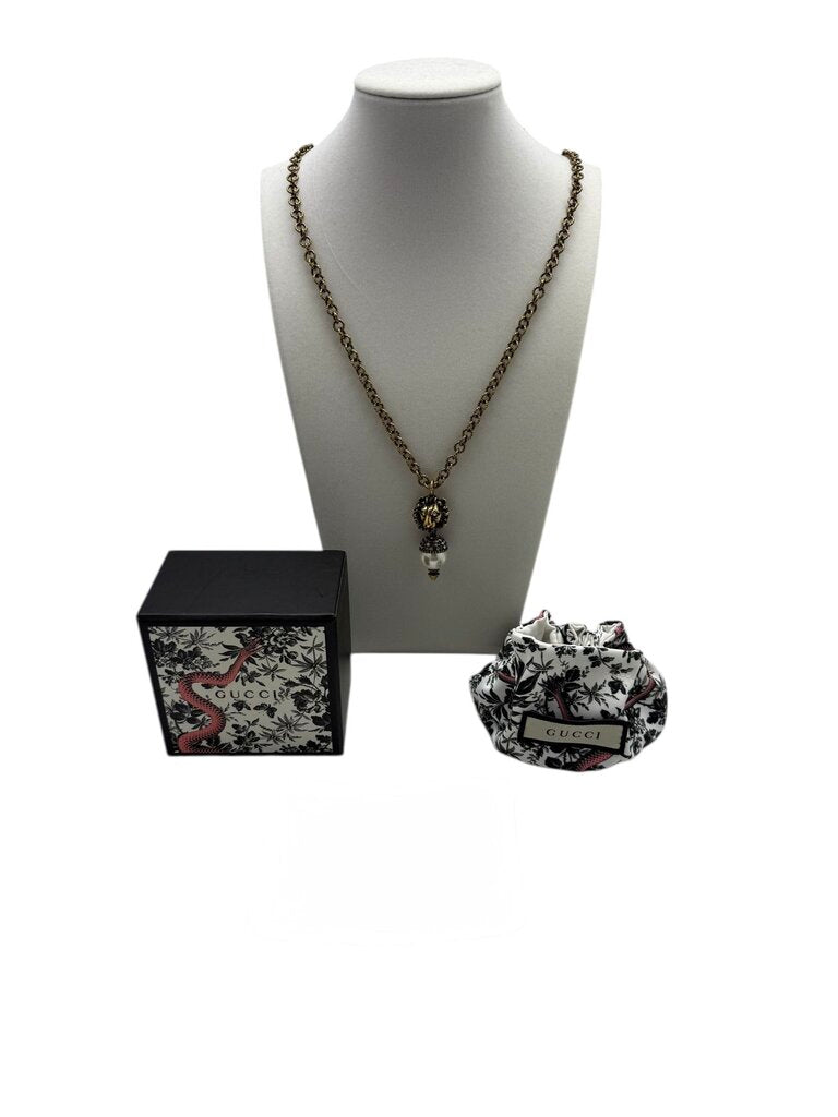 Gucci Faux Pearl & Crystal Lion Head Pendant Necklace