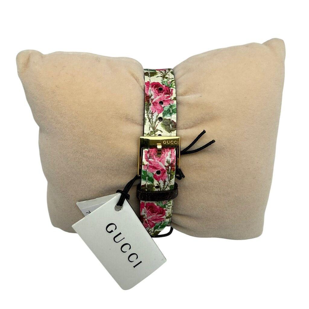 Gucci Women's G-Frame Floral Mother of Pearl Dial White Leather Strap Flower Motif Watch