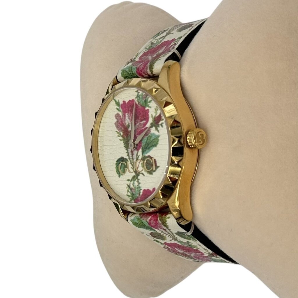 Gucci Ladies G-Timeless Flower Dial Gp Leather Watch