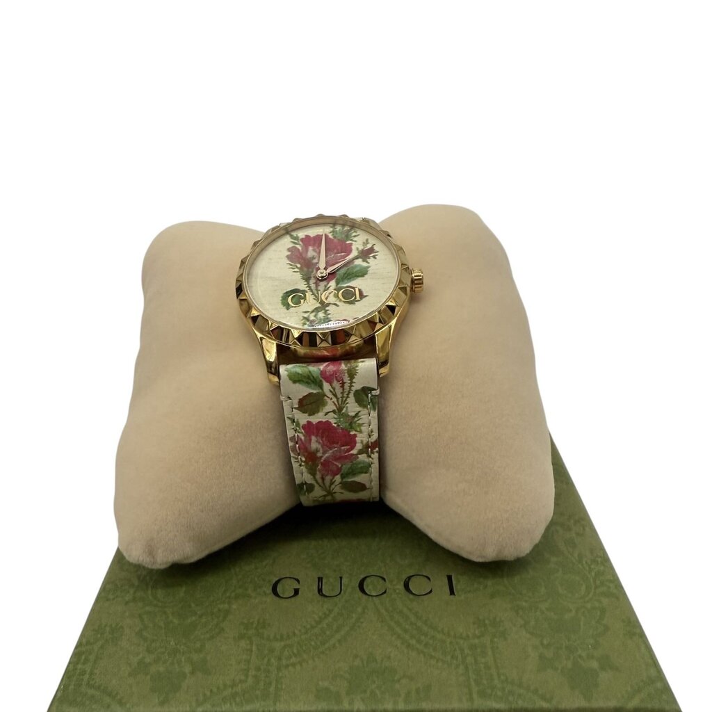 Gucci Ladies G-Timeless Flower Dial Gp Leather Watch