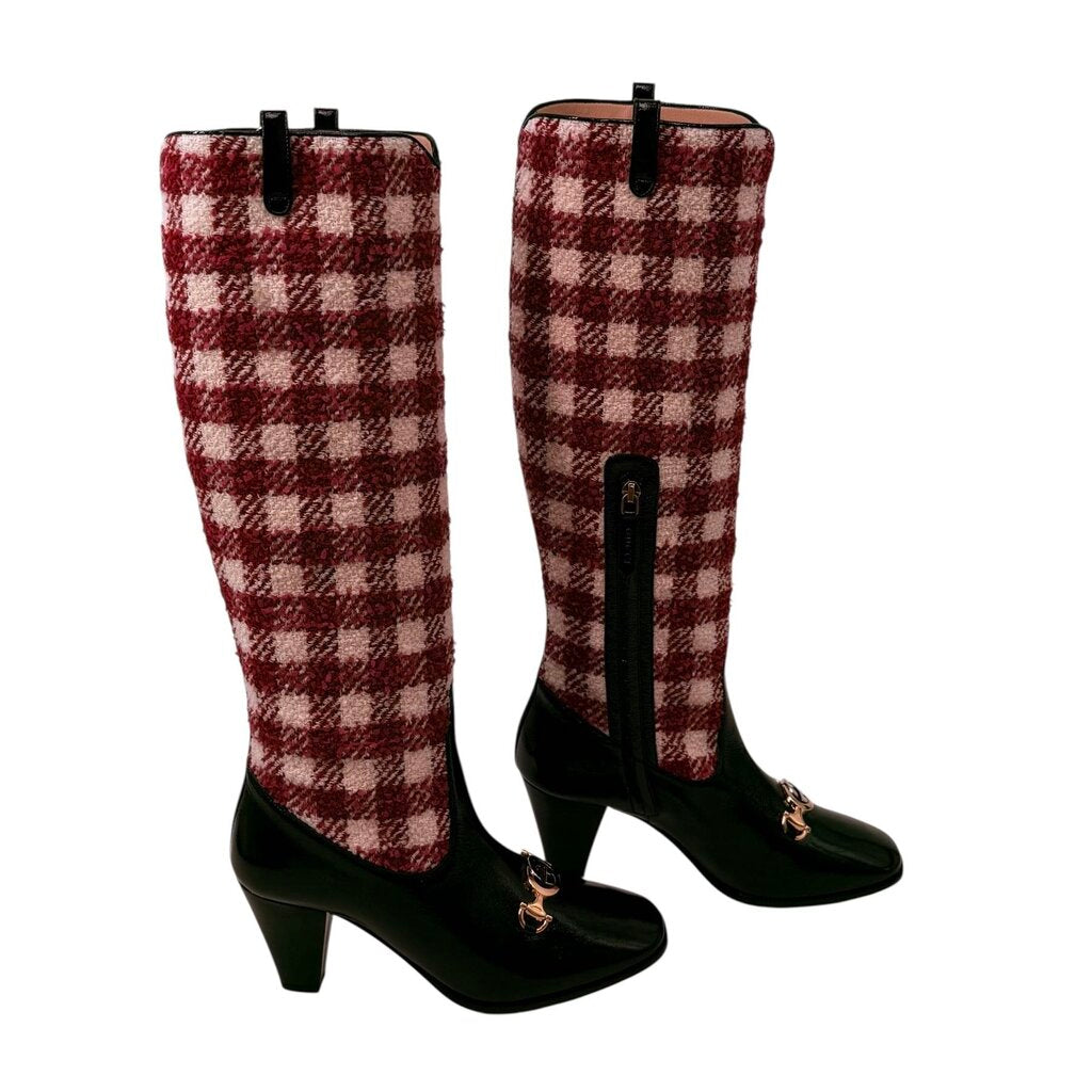Gucci Zumi Check Knee High Ladies Boots with Interlocking Gucci Supreme Logo