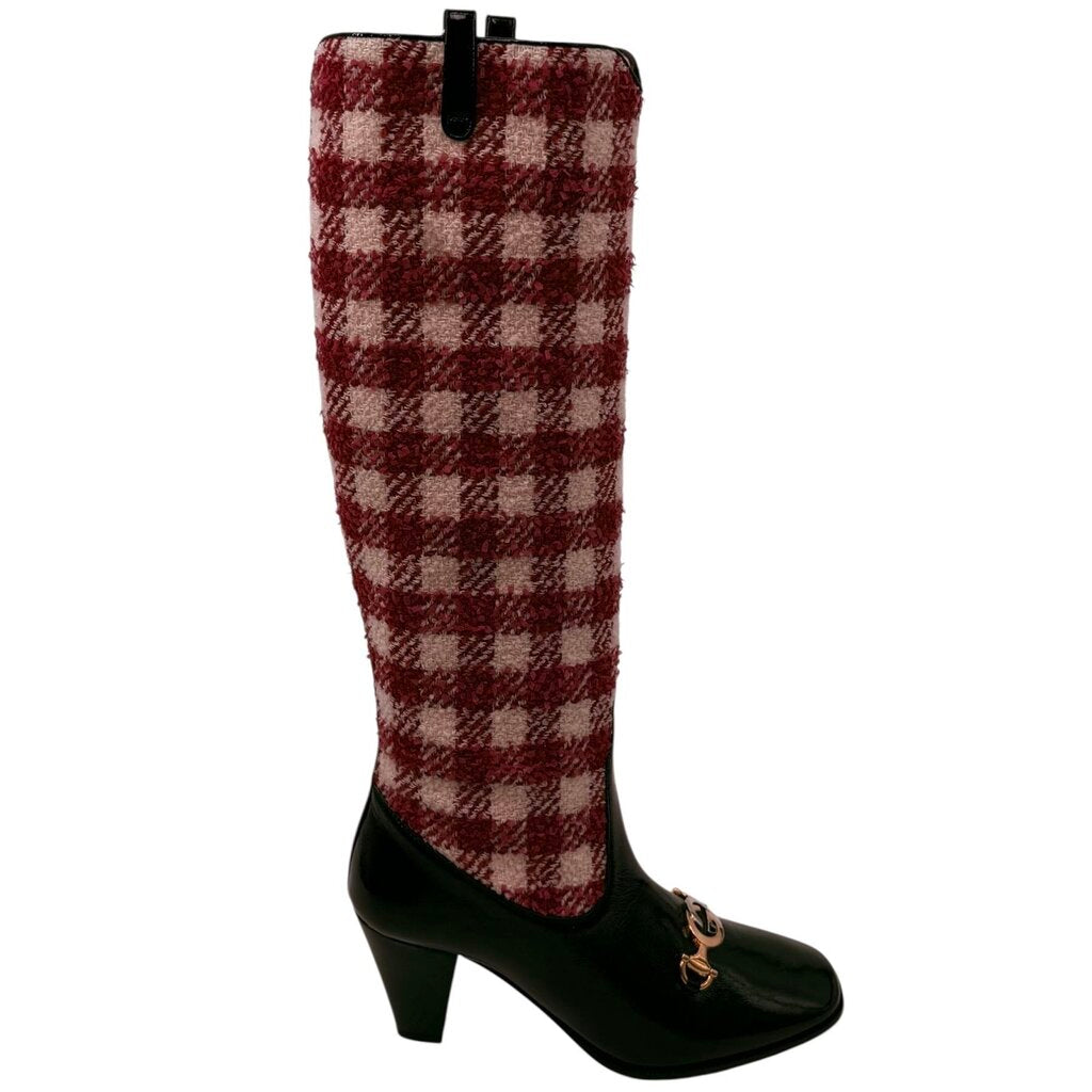 Gucci Zumi Check Knee High Ladies Boots with Interlocking Gucci Supreme Logo