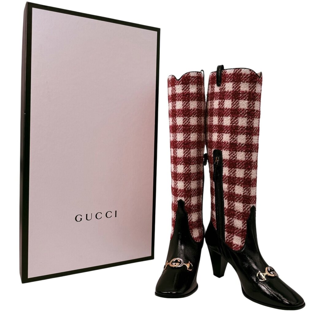 Zumi Check Knee High Boots with Interlocking Gucci Supreme Logo Bit