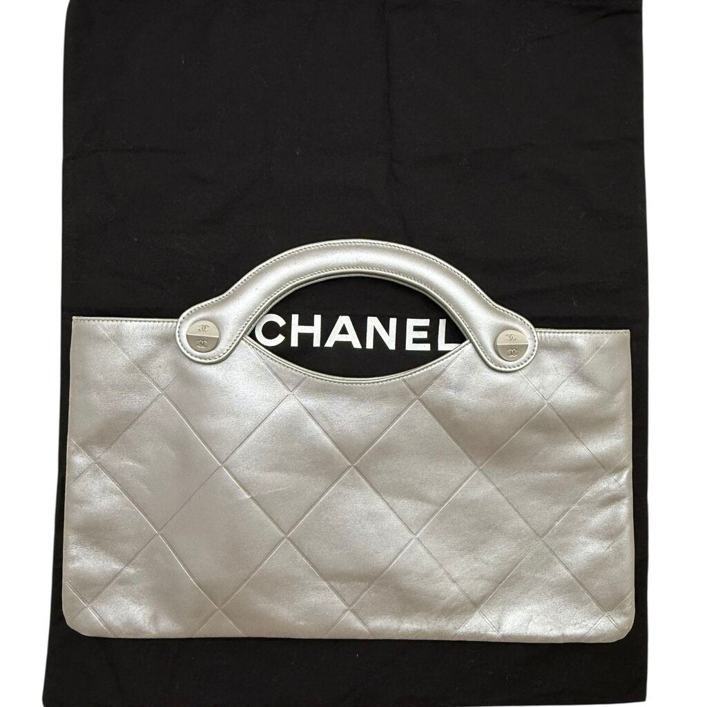 Chanel Top Handle Clutch Tote with Oversized Quilted Topstitch Handbag with CC Button Details