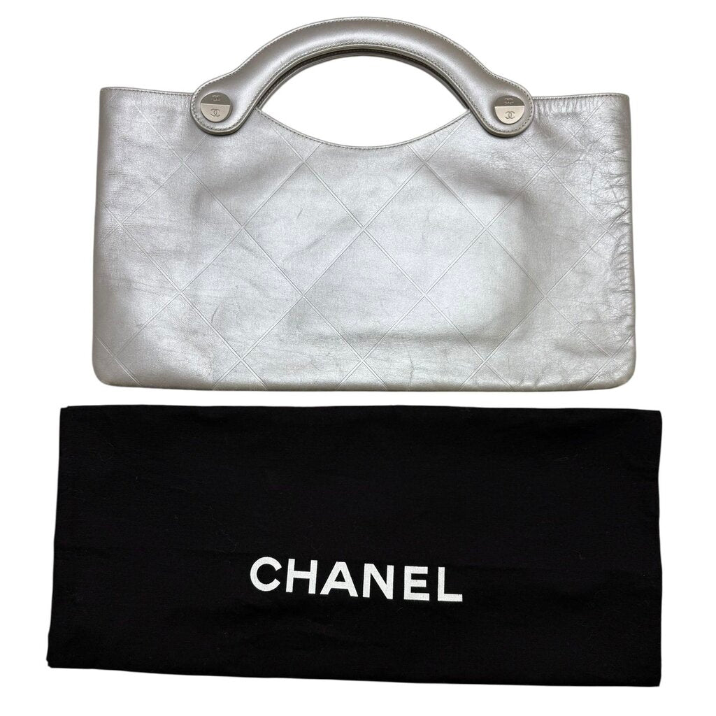 Chanel Top Handle Clutch Tote with Oversized Quilted Topstitch Handbag with CC Button Details