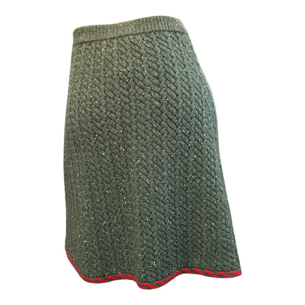 Gucci Cable Knit Skirt Womens in Green with Gold Crested Buttons and Red Candy Cane Striped Trim