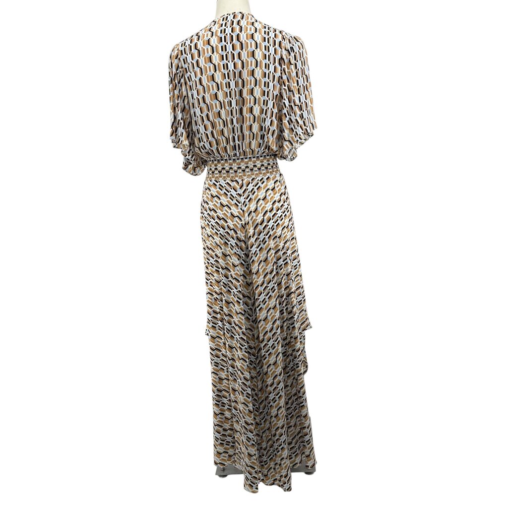 Maje Womens Geometric Smocked Waist Flutter Sleeve Asymmetrical Rachelle Maxi Dress