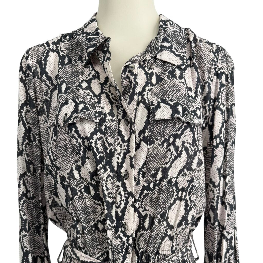 Tyler Boe Womens Snake Skin Print Button Front Belted Long Sleeve Dress