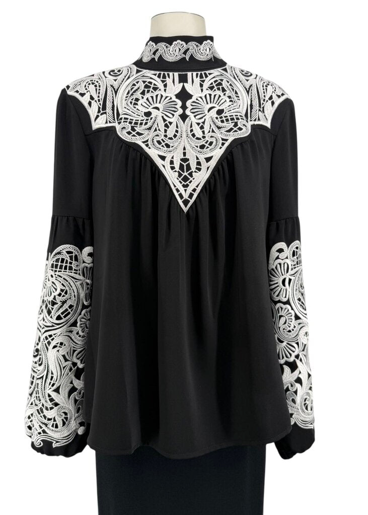 Embroidered Bell Sleeve Mock Neck Top