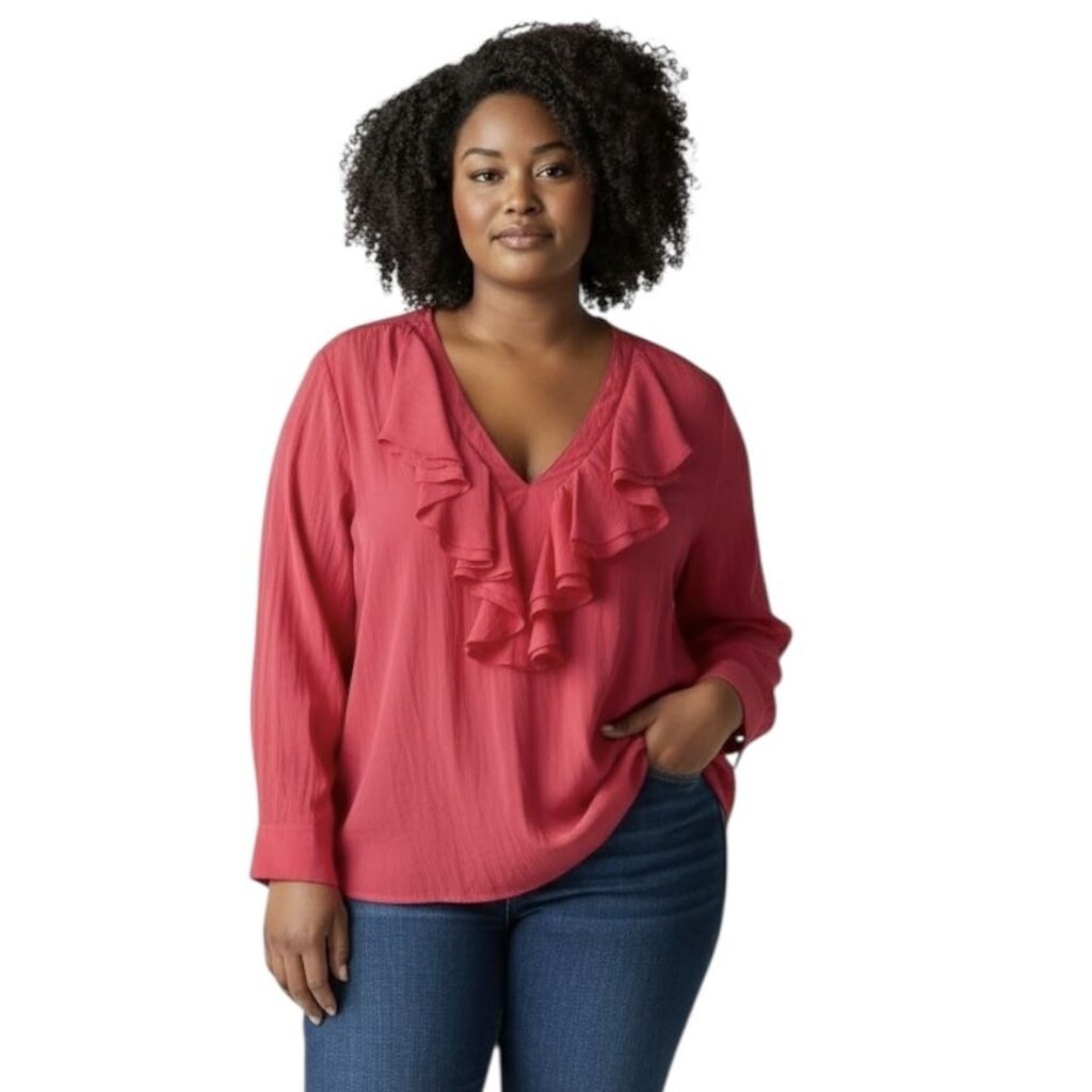 Long Sleeve Ruffled V Neck Top