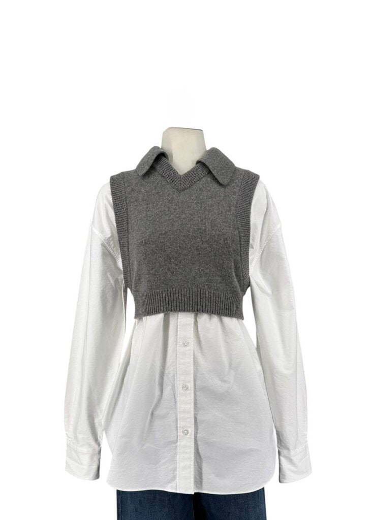 T Alexander Wang Collard Sweater Vest Over Blouse Two In One Set