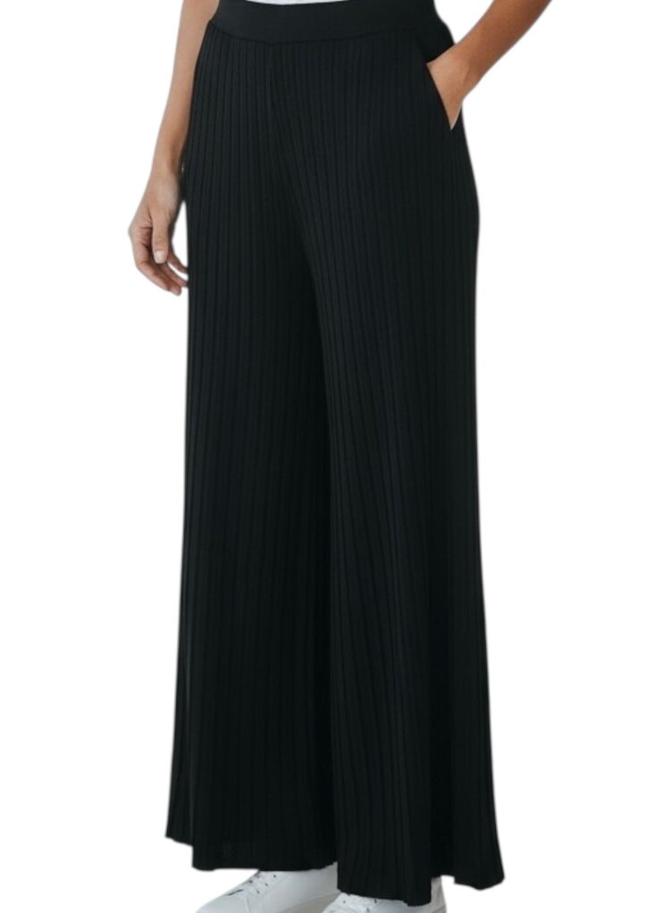 Biana Ribbed Black Pants with Elastic Waist
