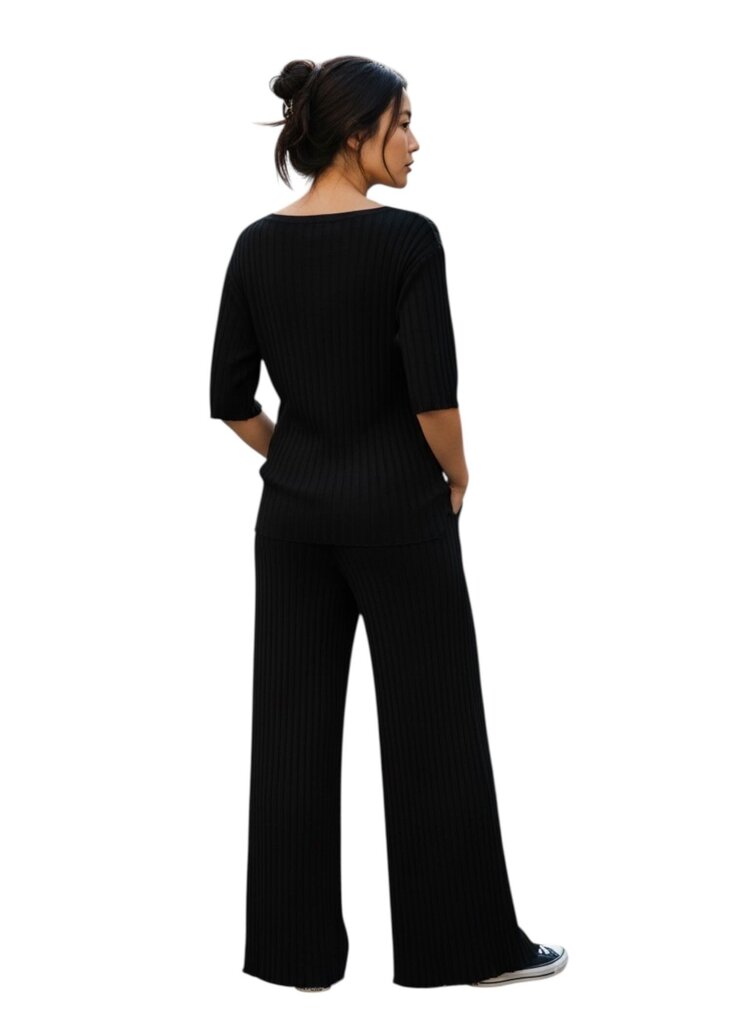 Biana Ribbed Black Pants with Elastic Waist