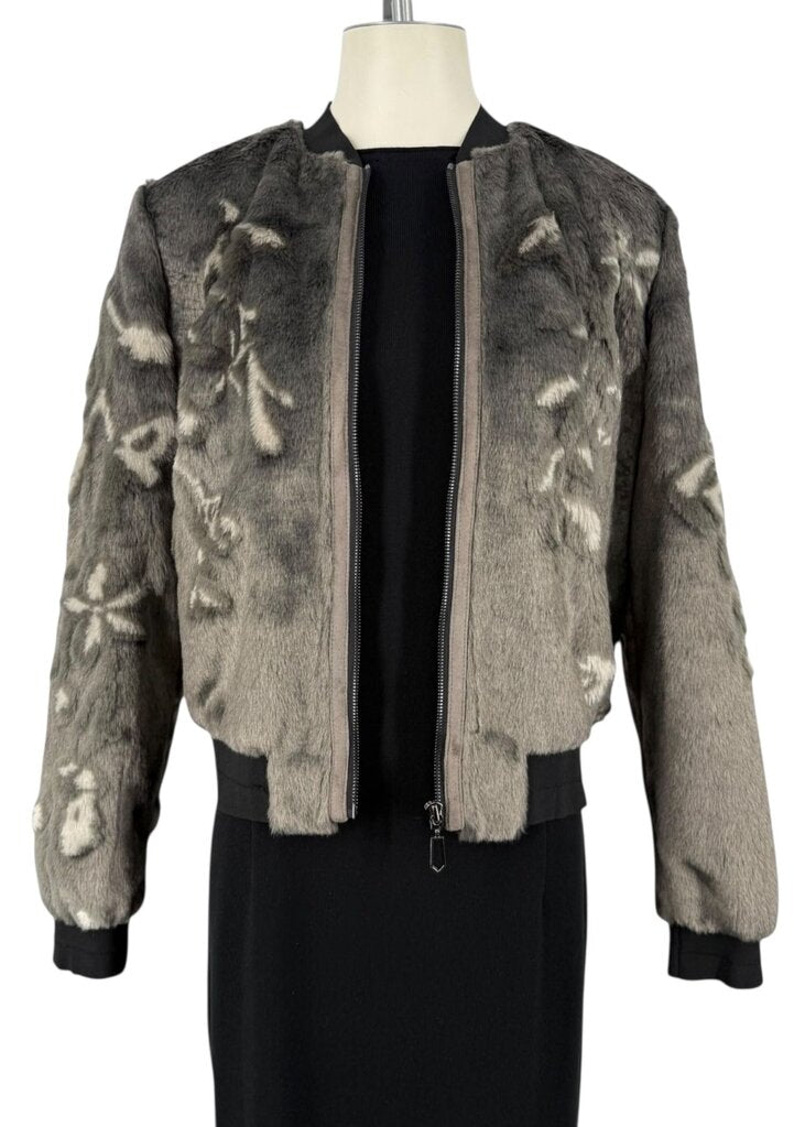 Patterned Faux Fur Zip Up Coat