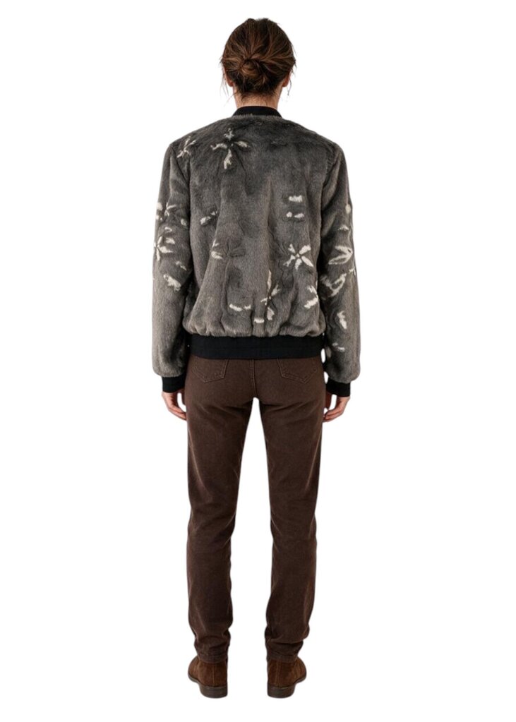 Patterned Faux Fur Zip Up Coat