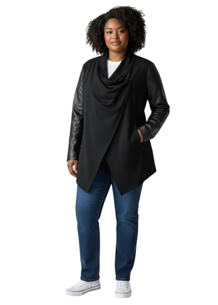 Drape Front Jacket with Vegan Leather Sleeves