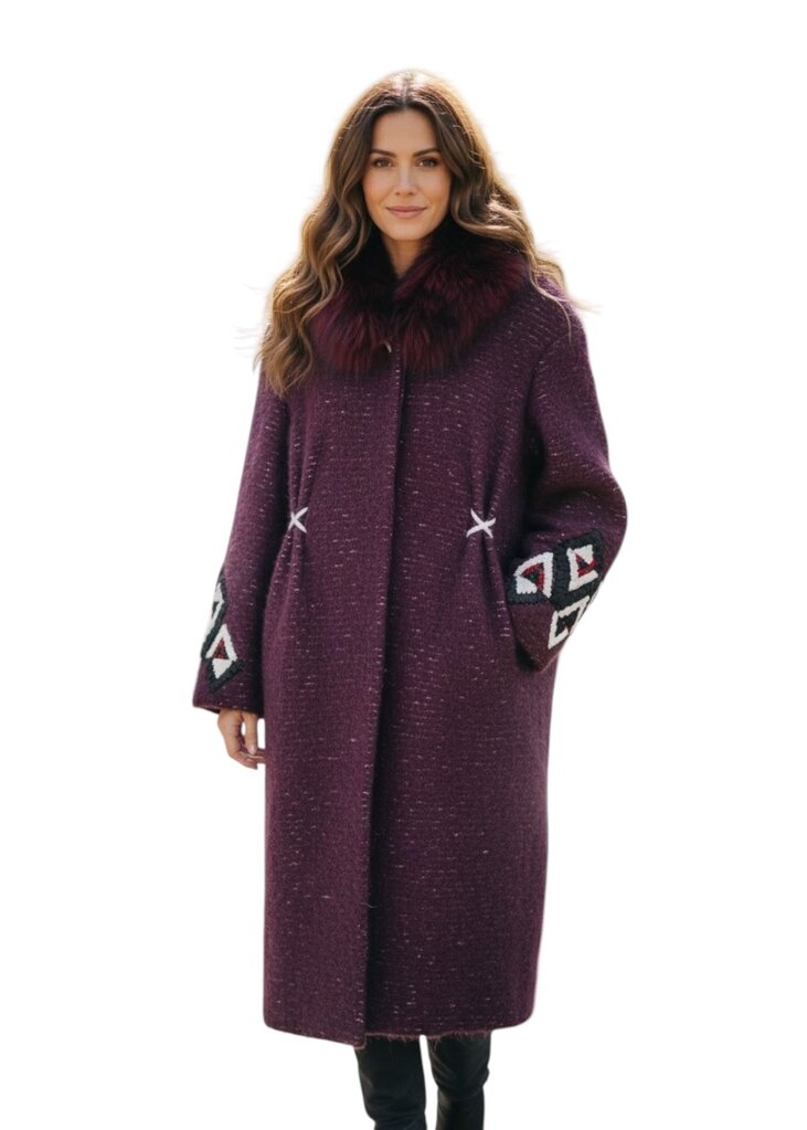 Wool Blend Trench Coat with Fur Collar