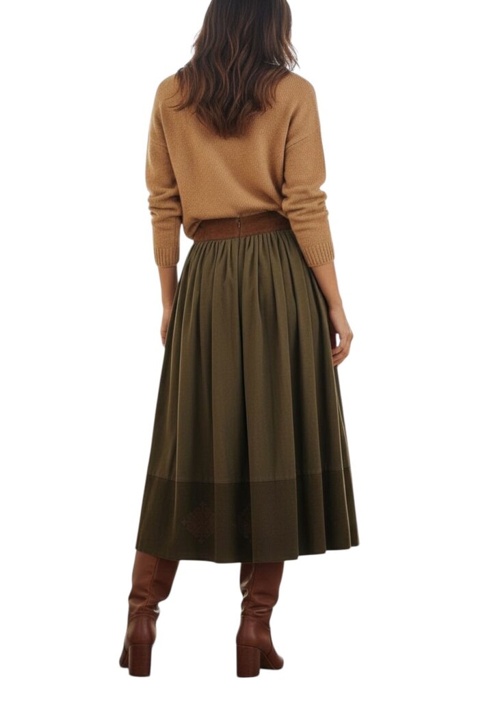 Embroidered Suede Midi Skirt