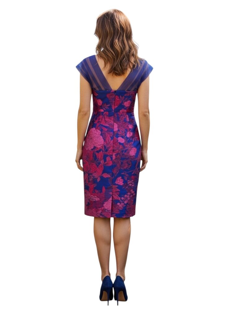 Mesh Shoulder Overlay Floral Sheath Dress