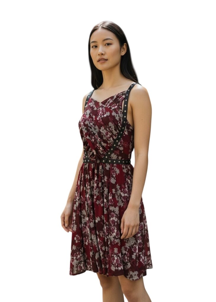 The Kooples Floral Leather Spaghetti Strap Dress