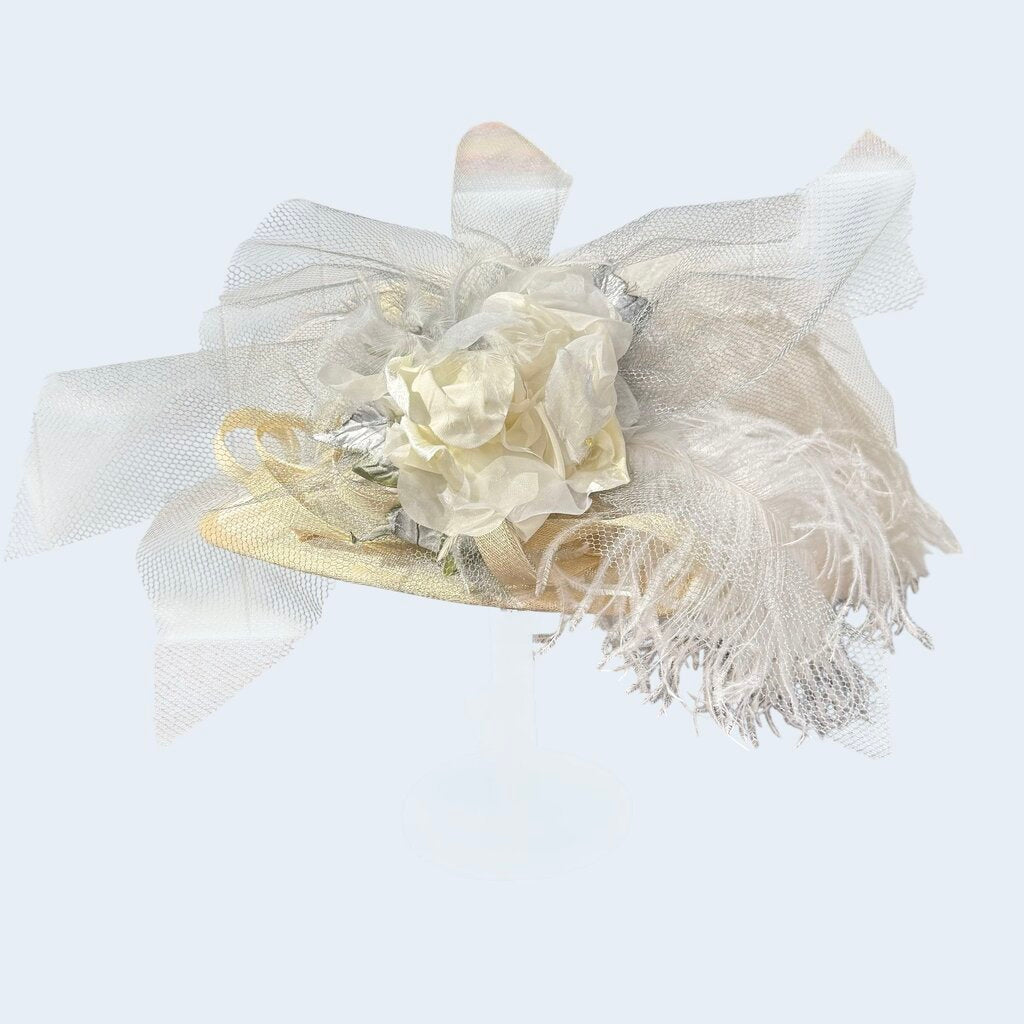 Floral Toile Bow Feather-Embellished Hat