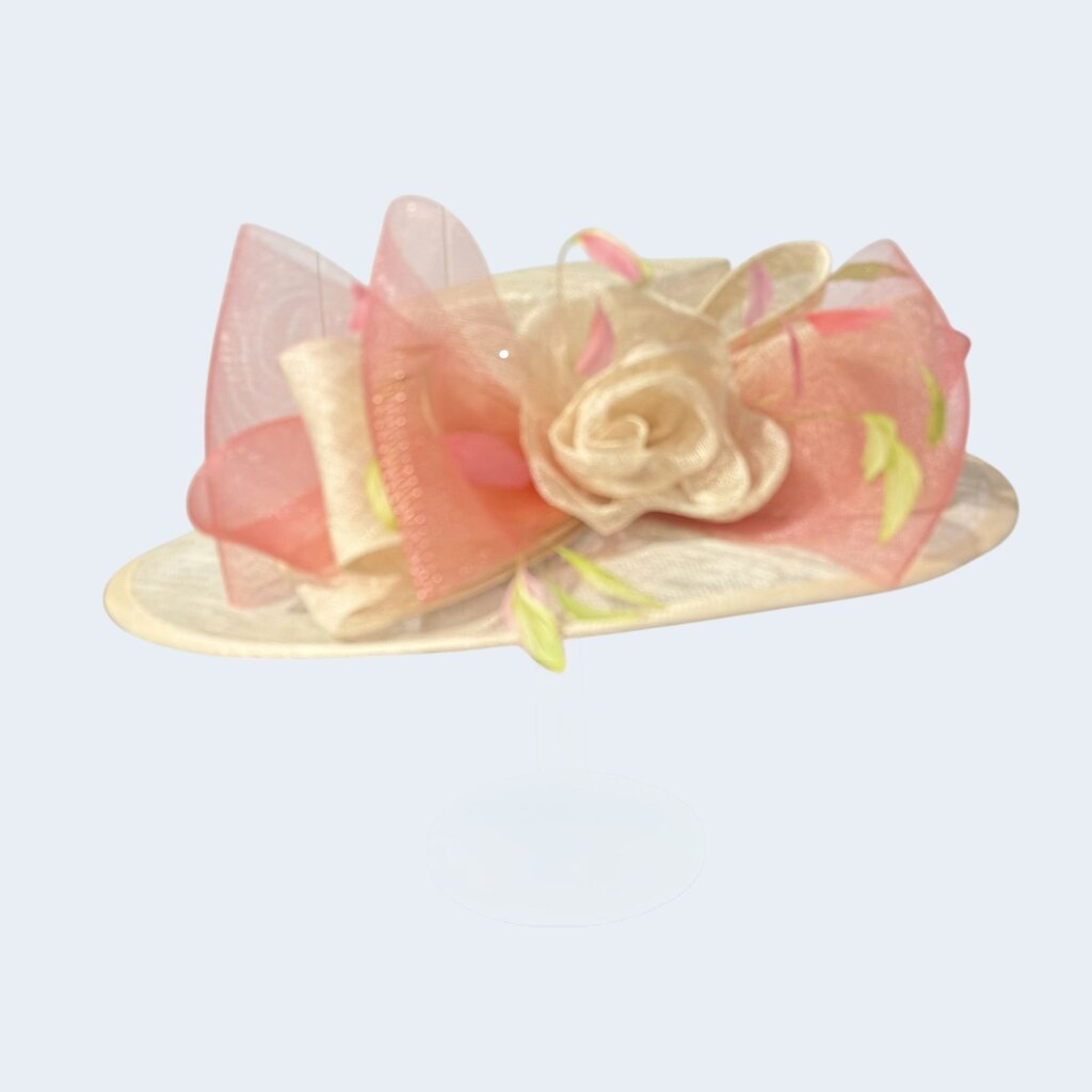 Oversized Brim Floral Bow Hat with Pink Feathers
