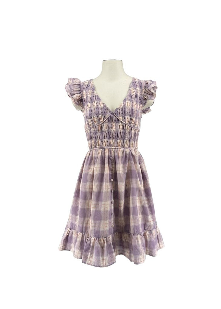 En Saison Purple Vneck Gingham Ruffle Sleeve Midi