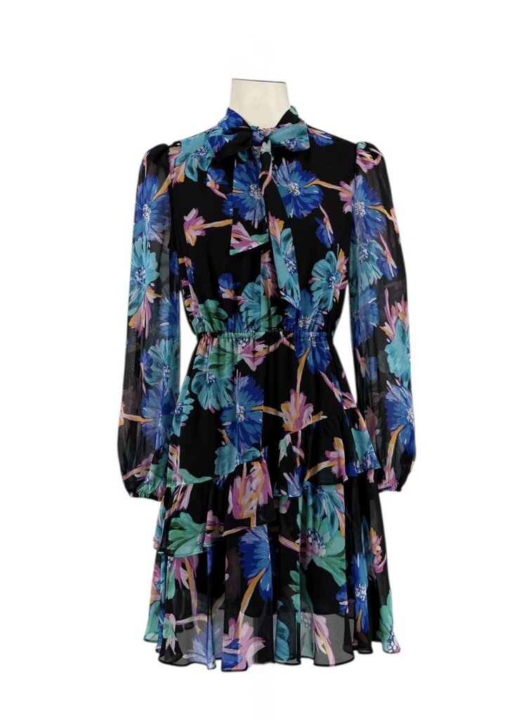 Milly Tie Neck Sheer Sleeve Floral Midi