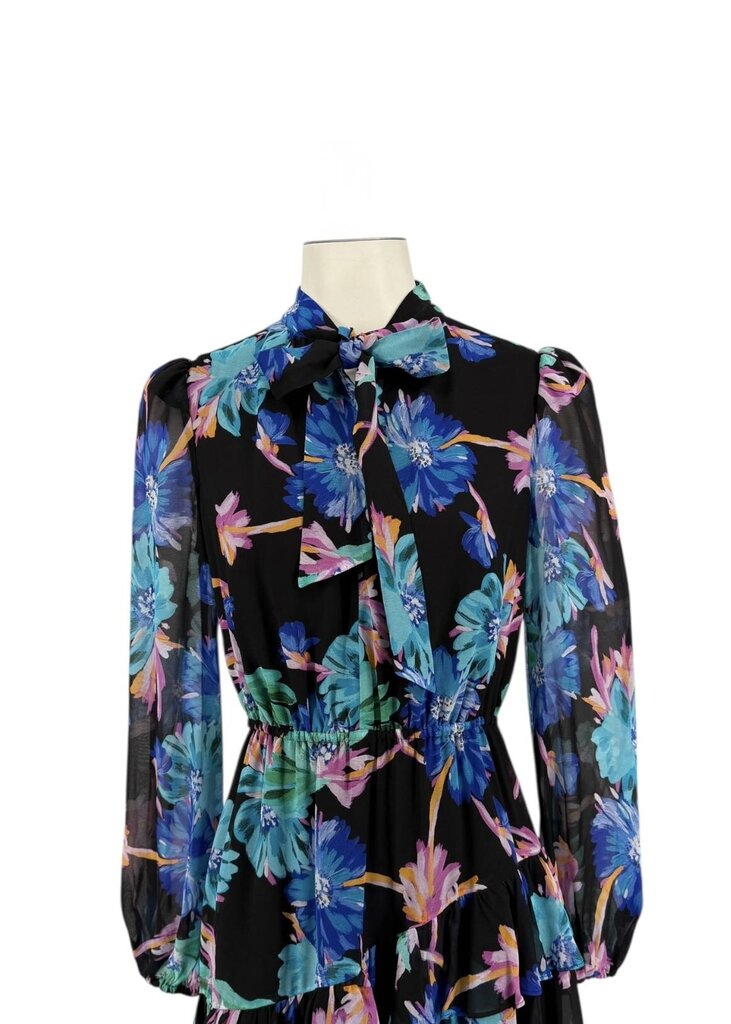 Milly Tie Neck Sheer Sleeve Floral Midi