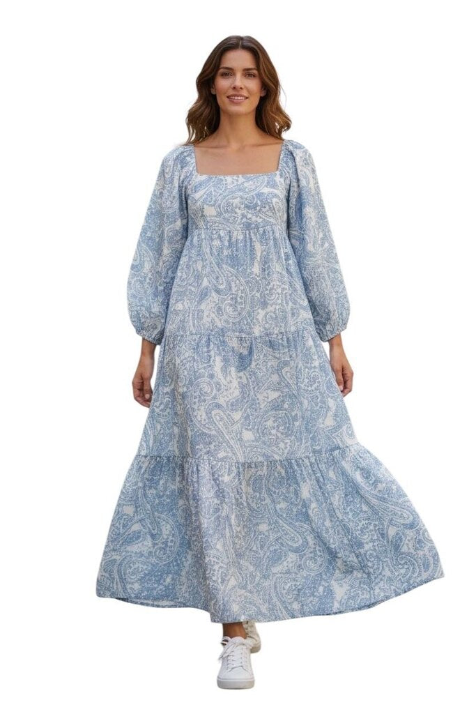 Tiered Paisley Puff Sleeve Maxi Dress