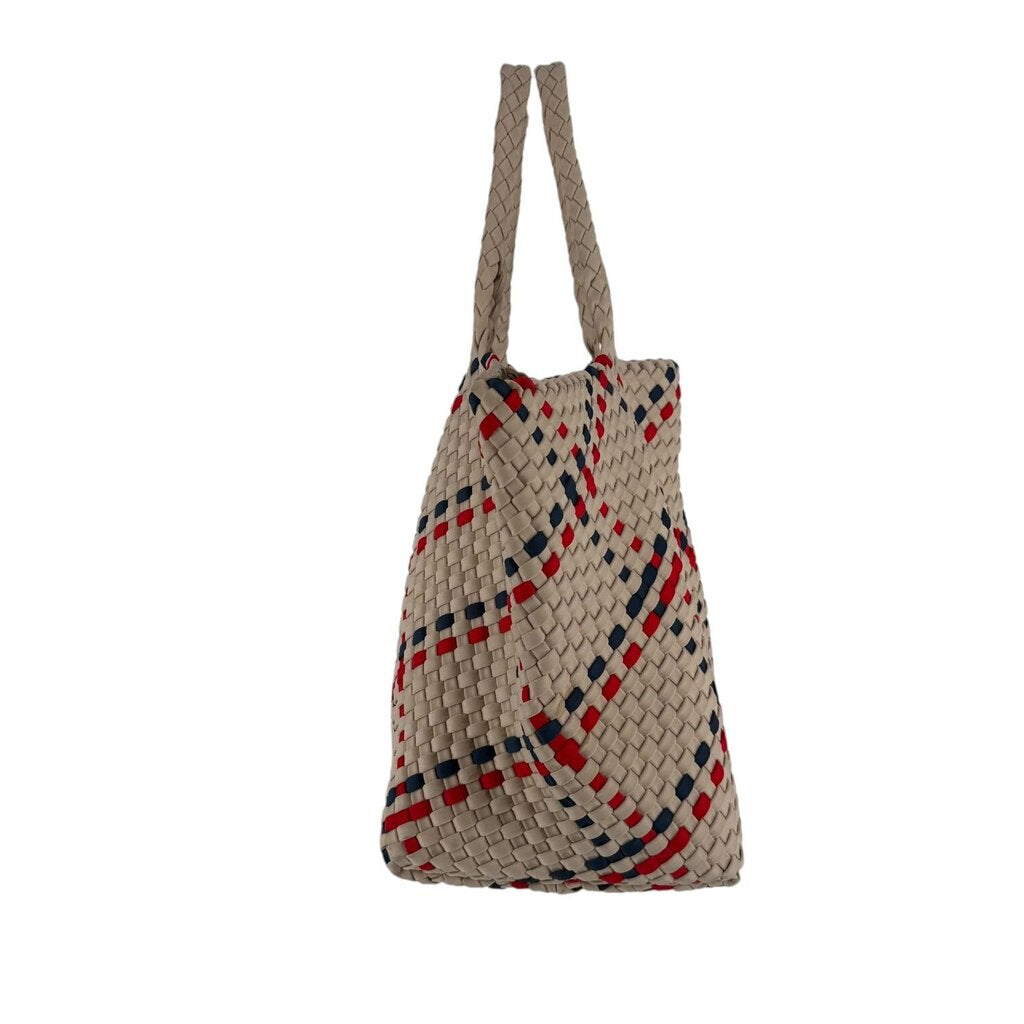 Naghedi Woven Red, Blue, Tan Bag with Pouchette Cosmetic Bag