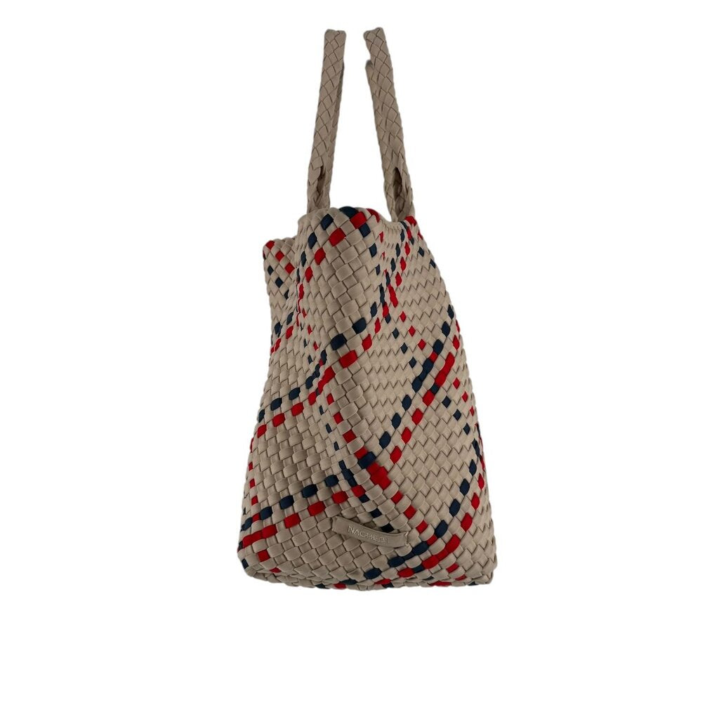 Naghedi Woven Red, Blue, Tan Bag with Pouchette Cosmetic Bag