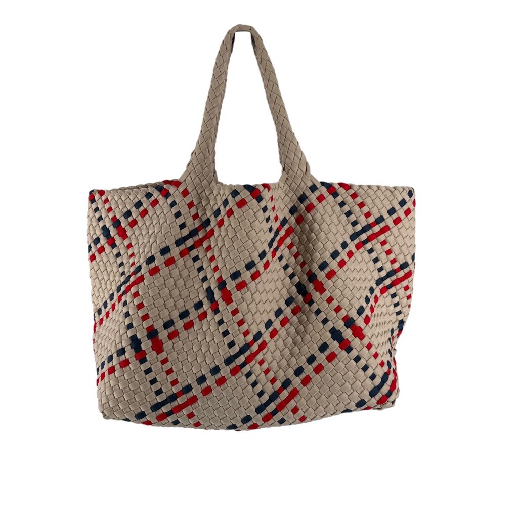 Naghedi Woven Red, Blue, Tan Bag with Pouchette Cosmetic Bag