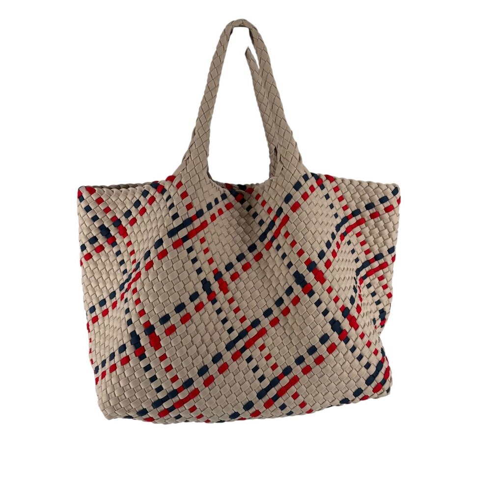 Naghedi Woven Red, Blue, Tan Bag with Pouchette Cosmetic Bag