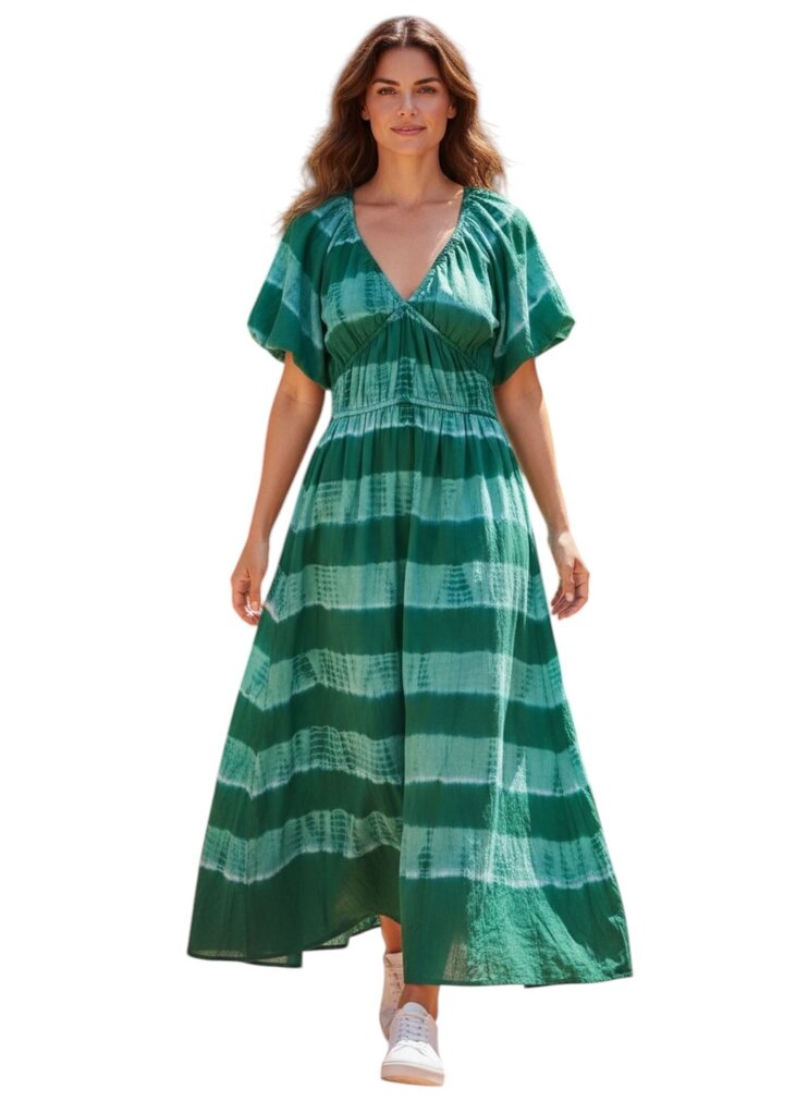 Banjanan V Neck Tie Die Puff Sleeve Dress