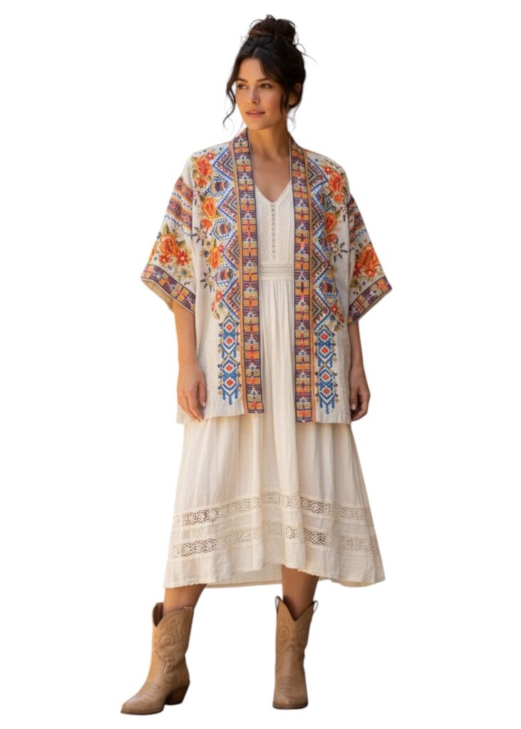 Sentrie Embroidered Linen‎ Kimono Jacket Size Small Boho Colorful Good Johnny Was/DB6